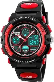 [Egobasic] Kids Sports Watch Waterproof Boys Multi-Function Analog Digital Wristwatch Child LED Alarm Stopwatch Birthday Gifts (Red)