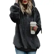 Womens Sherpa Pullover Fuzzy Fleece Sweatshirt Oversized Hoodie With Pockets, Dark Grey