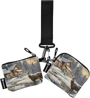 [XYMZR] Elk Landscape Winter Snow Mini Zip Around Wristlet keychain Wallet for Women Personalized Pattern Detachable Dual Pouch Wristlet Portable Wallet Phone Coin Purse, Multi-colored, One Size
