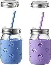 16 OZ Mason Jars with Protective Silicone Sleeve, Mason Cups Drinking Glass with Straws and 4PCS Stainless Steel Lids - BPA Free (Blue & Purple Shell)