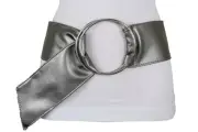 Fun Women Classy Silver Metal Ring Buckle Metallic Grey Pewter Fabric Belt S M L