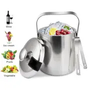1.3/3L Ice Bucket Double-Wall Stainless Steel Insulated with Lid Tongs Strainer