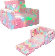 Kids Couch, Fold Out Kids Sofa Chair, Toddler Convertible Sofa to Lounger Pull Out Couch, Glow in The Dark Sofa Chair for Boys and Girls (Pink, Medium)