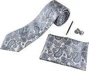 [Zasel] Mens Silver Boho Paisley Matching Neck Tie, Pocket Square, Cuff Links And Tie Clip Set Silver Grey