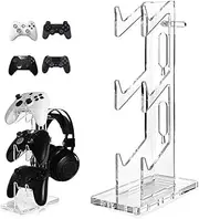 Game Controller Holder, 3 Tier Controller Holder and Headset Stand, Universal Dual Controller Stand, Gamepad Stand, Acrylic Clear Controller Display Stand Anti Slip for Desk Organization Storage