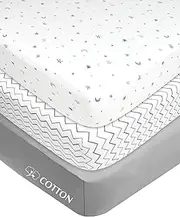 American Baby Company 100% Natural Cotton Value Jersey Knit Fitted Portable/Mini-Crib Sheet, Grey Star/Zigzag, 24" x 38" x 5", Soft Breathable, for Boys and Girls, Pack of 3