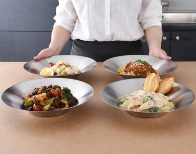 A Set of 4 Stainless Steel Dinner Plates, Salad Bowls, Spaghetti Serving Plat...