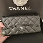 二手免運 CHANEL 香奈兒 黑色荔枝紋牛皮 金扣 三折發財長夾 錢包 皮夾 手拿包 A31506