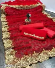 Net Red Beads & Stones Heavy Saree With Blouse For Wedding