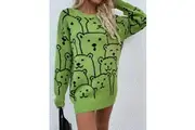 Smiley Polar Bear Knit Sweater Dress - Green