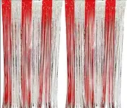 CYBERNOVA 2 Pack Fringe Curtain Backdrop Two-Toned, 3.2Ft x 6.6Ft Metallic Tinsel Foil Fringe Streamers Curtains Background for Wedding Birthday Anniversary Graduation Party Decoration (red-Silver)