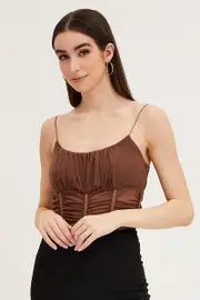 Brown Sleeveless Corset Look Waist Detail Mesh Bodysuit - Size M, Women's Singlet