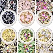 (Micro mini stones kit) - editTime 6 Wheels Mixed Sparkle Nail Art Rhinestones Diamonds Crystals Beads Artificial Pearls and Gold Silver Nail Studs Gems Metal Rivets Charms Hollow Moon Star Shaped
