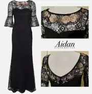 NEW Aidan Mattox 2 Black Lace Flower Embellished Gown Dress Lined Formal A39