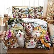3D Printed Cat Theme Duvet Cover Set Queen Size 100% Cotton Hypoallergenic Bedding with (150x200cm)