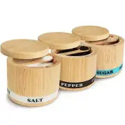 Salt Box 3Pcs Spice Cellar with Swivel Lid and Spoons Small Bamboo Sugar Pepp...