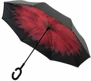 [Clifton Umbrellas] Clifton Red Flower Print Outside-In Reverse Cover, Red Flower Inside And Black Outside