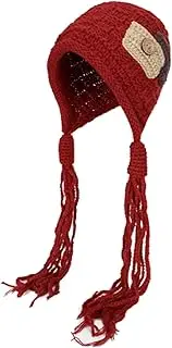 [Generic] Vintage Red Knitted Hat, Women's Autumn and Winter Versatile Earmuffs, Personalized Tassel Travel Hat, Warm Pullover Wool Hat