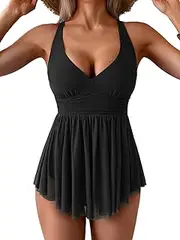 [Aidonger] Women's One Piece Swim Dress Swimsuit Tummy Control Mesh Swimdress V Neck Bathing Suit Skirt Tie Back Swimwear