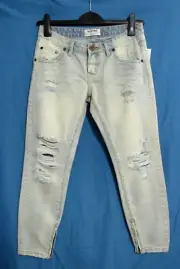 NWT ONE X ONE TEASPOON Blue Denim FREEBIRDS DISTRESSED SKINNY Zip Ankle Jeans 26
