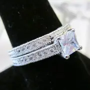 NEW CZ Modern Micro Paved Square Cut 2 Ring Wedding Set Silver size 5,6,7,8,9