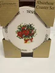 Set Of 4 Vintage Ceramic Coasters With holder Christmas Holly poinsettia flowers