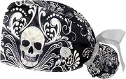 [WOSHJIUK] Working Hat 2 Pack Scrub Caps for Women,Ethnic Style Flower Skull,Tie Back Cap Adjustable Scrub Hat