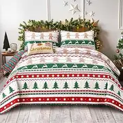 Christmas Quilt Set Queen Size, 3 Pieces Xmas Tree Elks Striped Printed Bedspread with 2 Pillowcases, Festival Thamed Bedding Set for Christmas New Year 96"x90"