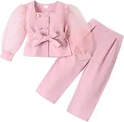 [KMBANGI] Fashion Kids Toddler Girl Two Piece Outfit Set Mesh Long Sleeve Blouse Top with Matching Long Pants Fall Clothes