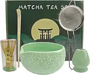 Matcha Whisk Set,5-Piece Ceramic Japanese Matcha Set Includes Matcha Bowl, Matcha Whisk and Holder, Bamboo Scoop, Scoop Rest, Sifter and Tea Towel - Matcha Kit for Matcha Lovers (Green)