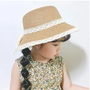 【OT SHOP】兒童帽子 紙草編織帽 遮陽帽 海灘帽 C5041(春夏潮流配件 米色 可愛緞帶蕾絲蝴蝶結 兒童帽)