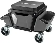 Powerbuilt Rolling Work Seat Brake Stool with 4-inch Rubber Lockable Wheels, Big Seating Platform, Tool Trays and Drawer 330 lb. Capacity, Mechanics, Gardening, Garage - 941881ECE, Grey