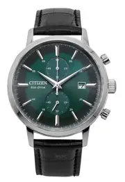 Citizen Eco-Drive Chronograph Leather Strap Green Dial CA7069-24X 50M Mens Watch