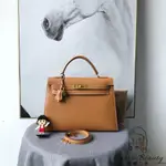 二手精品 HERMES 愛馬仕 KELLY32 金棕色 金釦 BOX皮 凱莉包 手提包 肩背包