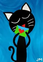 New! aceo size original signed painting black tuxedo cat art card "Love Notes"