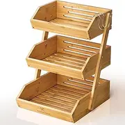 KOMFORA Bamboo Fruit Basket 3-Tier - Premium Produce Basket for Kitchen w/ 2 Hangers - Durable & Easy to Assemble Stand for Countertop - Perfect Holder for Vegetables, Bread, Snacks & More