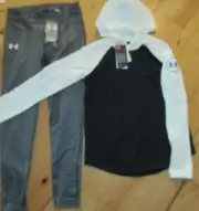 Under Armour black white hoodie top & black patterned leggings NWT girls L YLG