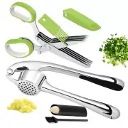 Garlic Press and Herb Scissors Set, 6 Pieces with Garlic mincer and Multipurp...