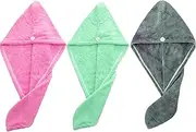 CB HOME Microfiber Hair Drying Turban Towels, Pack of 3 (Green-Pink-Grey)