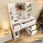 White Dressing Table Stool Set With Lighted Mirror 6 Drawers Vanity Makeup Desk