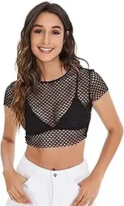 [Generic] Women Mesh Crop Top Short Sleeve Fishnet T-Shirt Hollow Out See Through Tops Blouse