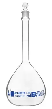 Eisco Labs 2000ml Volumetric Flask with Glass Stopper, Class B - Blue Graduation