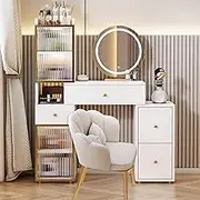 Makeup Table with Dresser and Chair with Multiple Drawers, Makeup Dresser with Round Mirror, Makeup Dresser, Bedroom Furniture, Expandable Small House Multi-ta