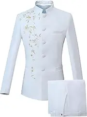 [Aosufei] Men's Button Up 2 Piece Solid Suit Set Floral Slim Fit Wedding Dress Suits Stylish Stand Collar Blazer Pants Sets, D, Medium