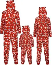 [JHCBKFF] Christmas Onesiees Pajamas for Family,Snowman Printed One-Piece Pjs,Xmas Hooded Sleepwear(Red,Mom Large)