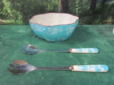 TEMP-TATIONS FLORAL LACE LIGHT BLUE SALAD SERVING BOWL & MATCHING UTENSIL SET