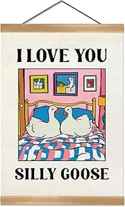 Funny Goose Couple Wall Art -I Love You Silly Goose Linen Canvas Poster – Cute Cartoon Animal Hanging Poster for Home or Office, Birthday ,Wedding,Valentine’s Day Gift, or Couple Home Decor 12x16inch