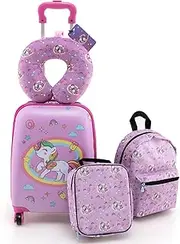 [Baby Joy] 5 Pieces Kids Luggage Set, Carry-on Children Rolling Suitcase Set w/Backpack, Neck Pillow, Name Tag, Lunch Bag, Hardside Toddler Travel Luggage w/Wheels for Girls & Boys (Unicorn)