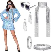 AUTOWT 6 Pcs Disco 70s Women Costume Outfit Set, Sequin Dress and Accessories Jewelry with Sunglasses Sparkly Headband Choker Necklace Earrings Bracelet Retro Style for Ladies Ball Dance Party