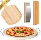 5PCS Round Pizza Stone Set, 13" with Oak Peel, Rack, Cutter & Cooking Paper